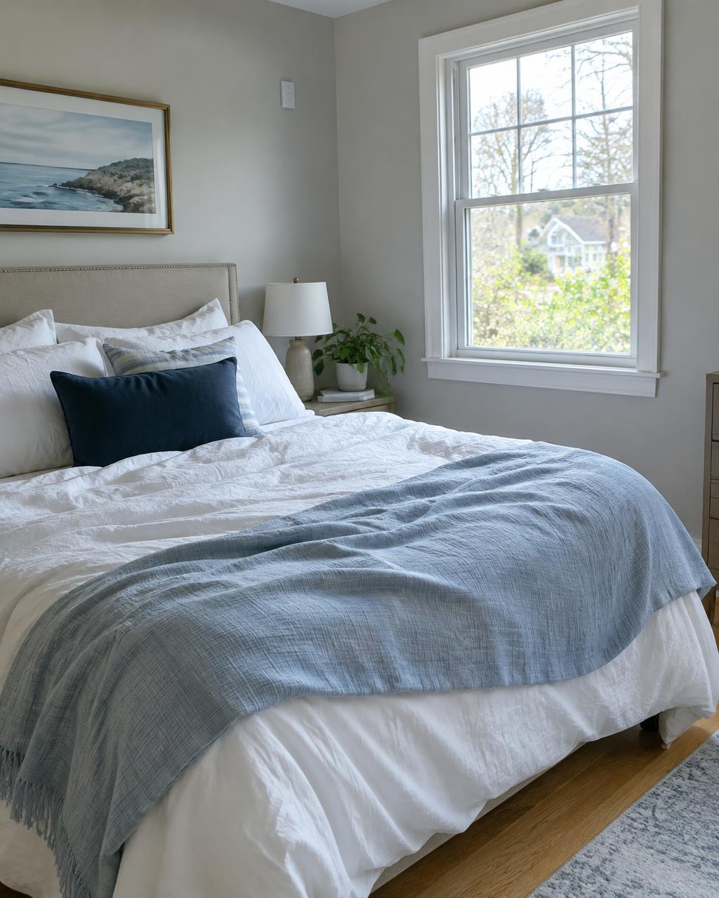 Naturally lit clean bedroom with white bedding and soft blue accents